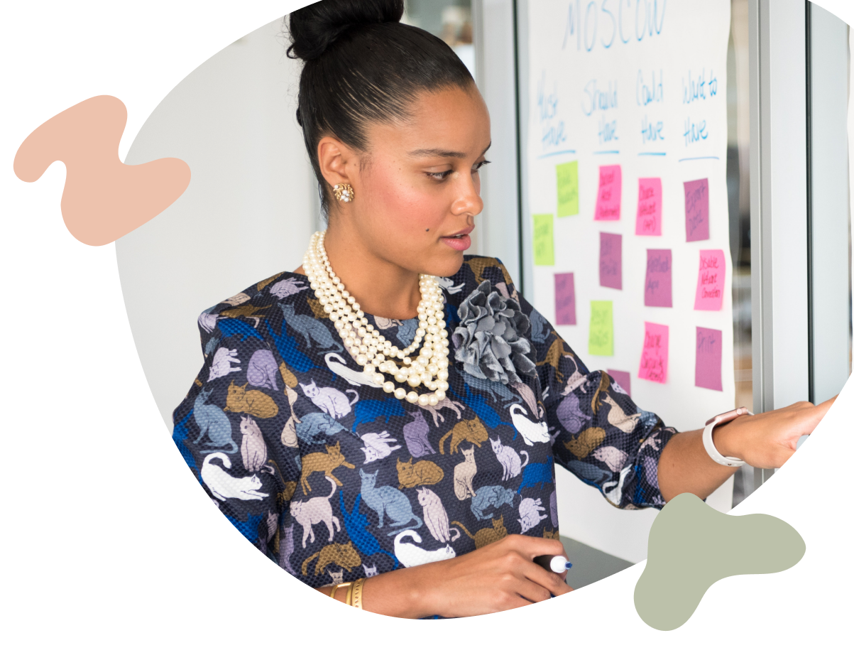 Woman works on a project at a whiteboard