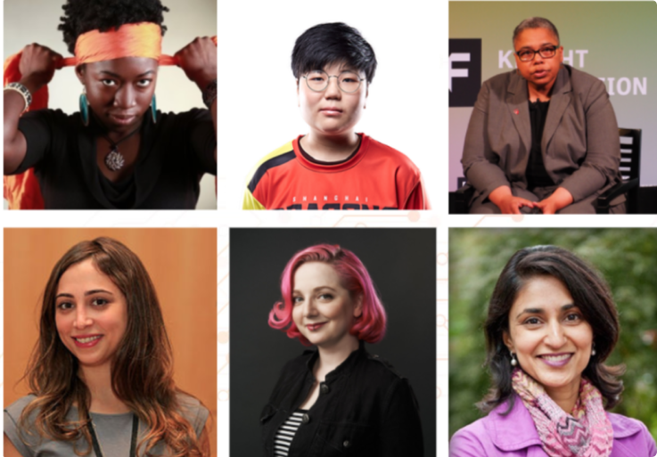 Portraits of famous women in the tech industry: Joy Buolamwini, Geguri, Latanya Sweeney, Ayah Bdeir, Limor Fried, and Rupa Patel